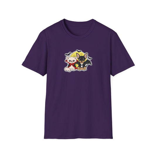 Front view of a purple unisex T-shirt featuring Cedric and Maya in playful Vampire Chis Halloween costumes beneath a yellow moon.