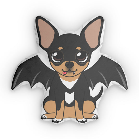 Custom-shaped pillow featuring a cute black-and-tan chihuahua with big eyes, bat wings, and a small white chest patch, shown from the front on a white background.
