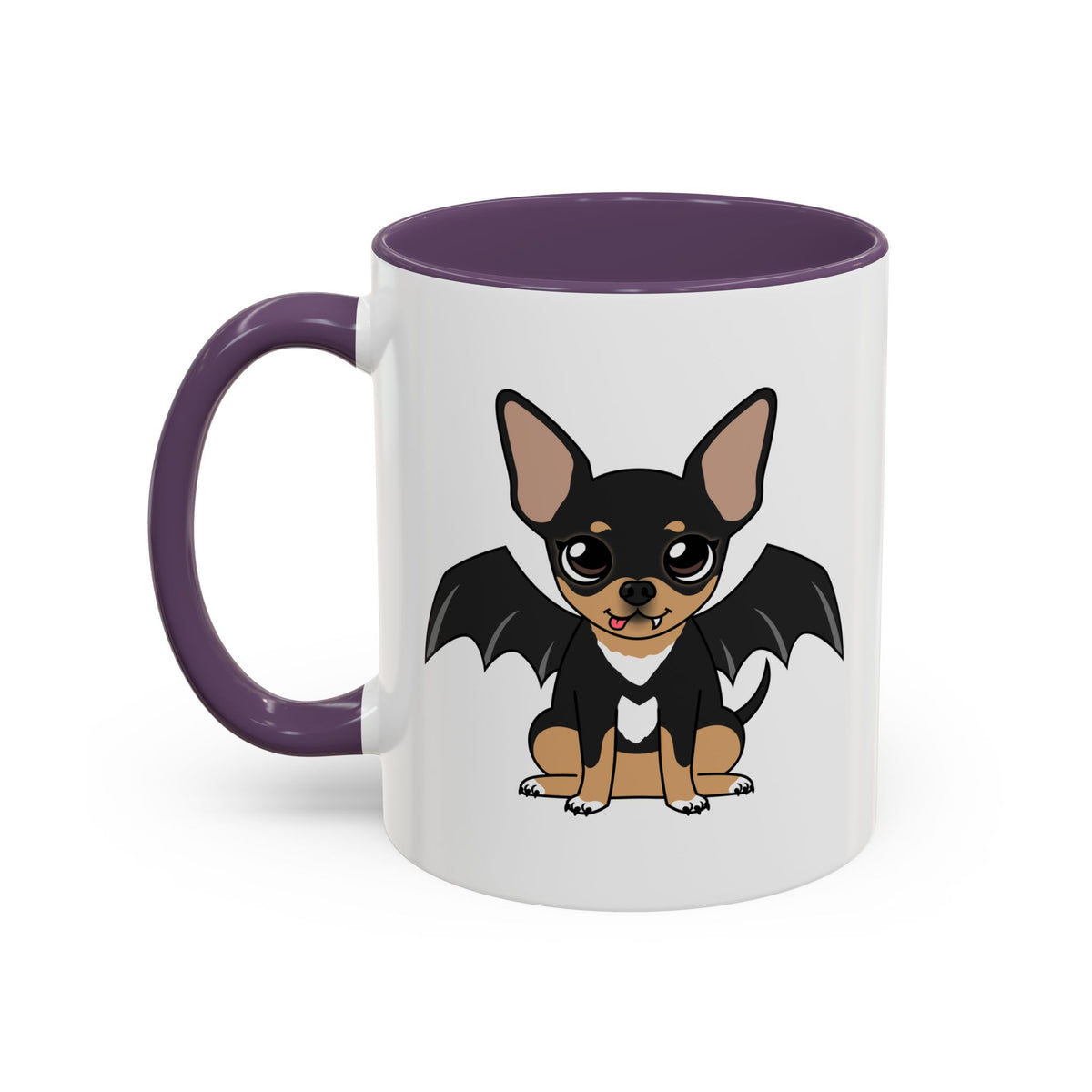 White coffee mug with a purple handle and interior, featuring a cute black and tan chihuahua with bat wings, big round eyes, a tiny visible fang, and a white heart-shaped chest marking on the side.