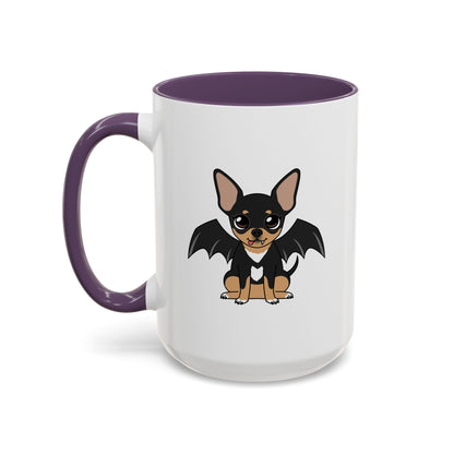 White ceramic mug with a purple handle and interior, featuring a cute black and tan chihuahua with bat-like wings, a tiny fang, and a white heart-shaped chest marking on the side.