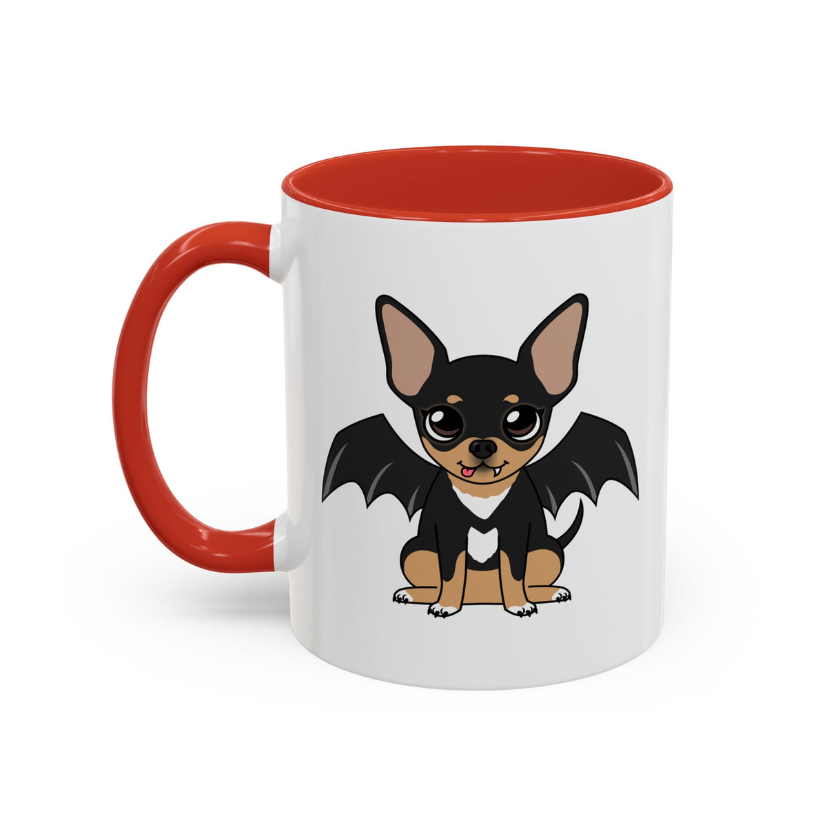 White coffee mug with red handle and interior featuring a cute black and tan chihuahua with bat wings, a tiny fang, and a white heart-shaped chest marking on the side.