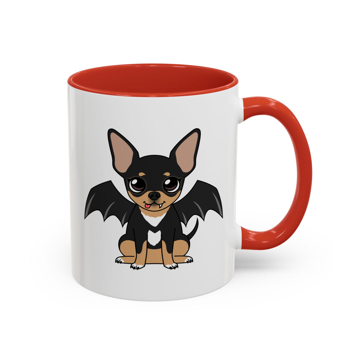 White coffee mug with red handle and interior, featuring a cute black and tan chihuahua named Maya with bat-like wings, a tiny fang, and a white heart-shaped chest marking on the side facing the viewer.