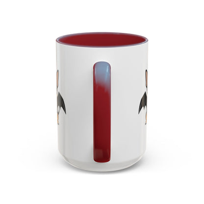 White accent coffee mug with a maroon handle and maroon interior, shown from the back so only partial cartoon bat-winged chihuahua artwork is visible on each side.