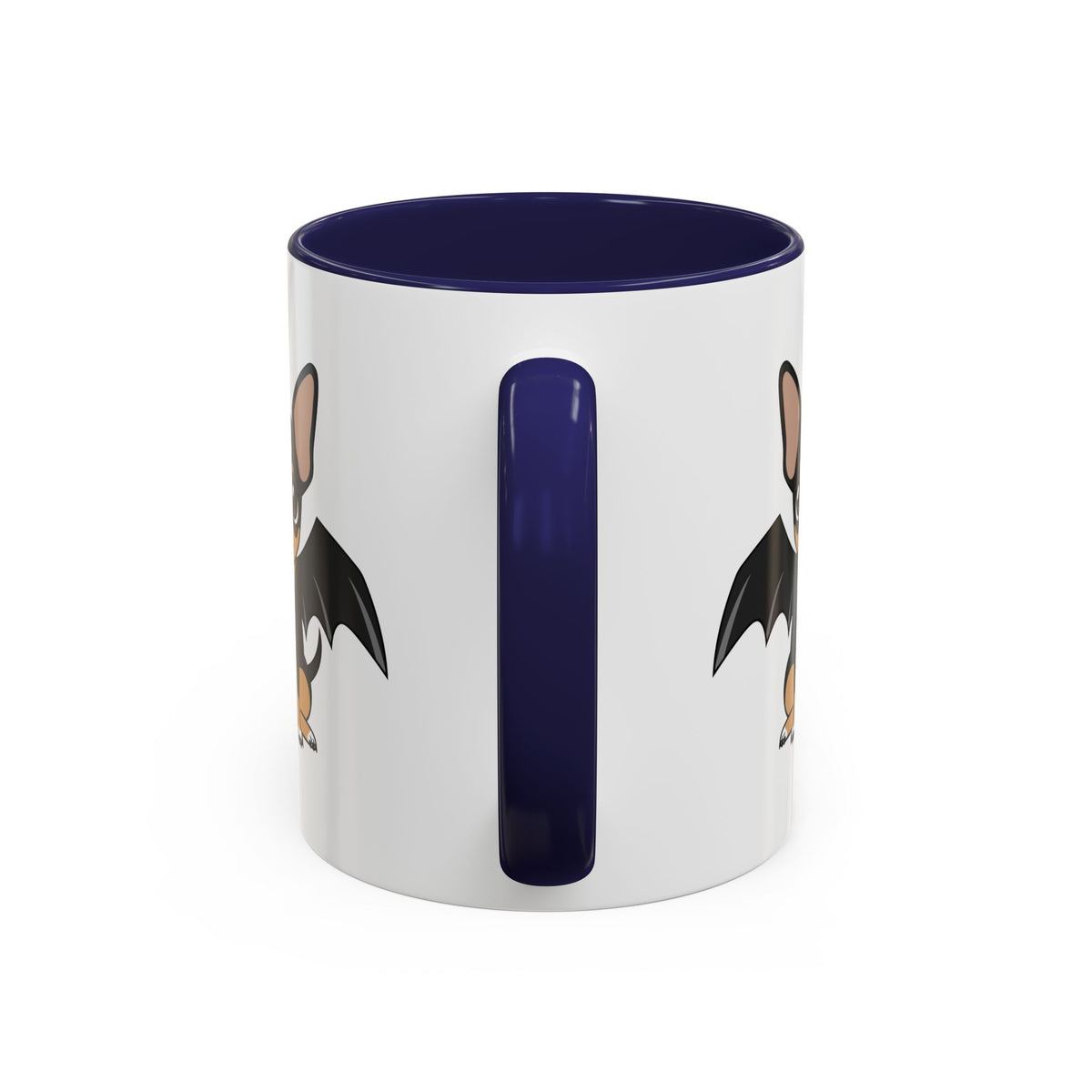 White accent coffee mug with a navy blue handle and interior, shown from the back so only the sides of a small bat-winged Chihuahua illustration are partially visible on either side of the handle.
