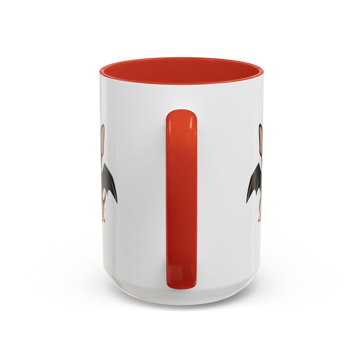 White ceramic mug with a red handle and red interior, shown from the back so only the edges of the small winged chihuahua illustration are visible on each side.