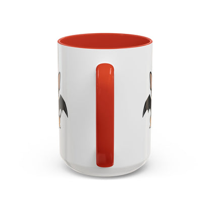 White ceramic mug with a red handle and red interior, shown from the back so only the edges of the small winged chihuahua illustration are visible on each side.