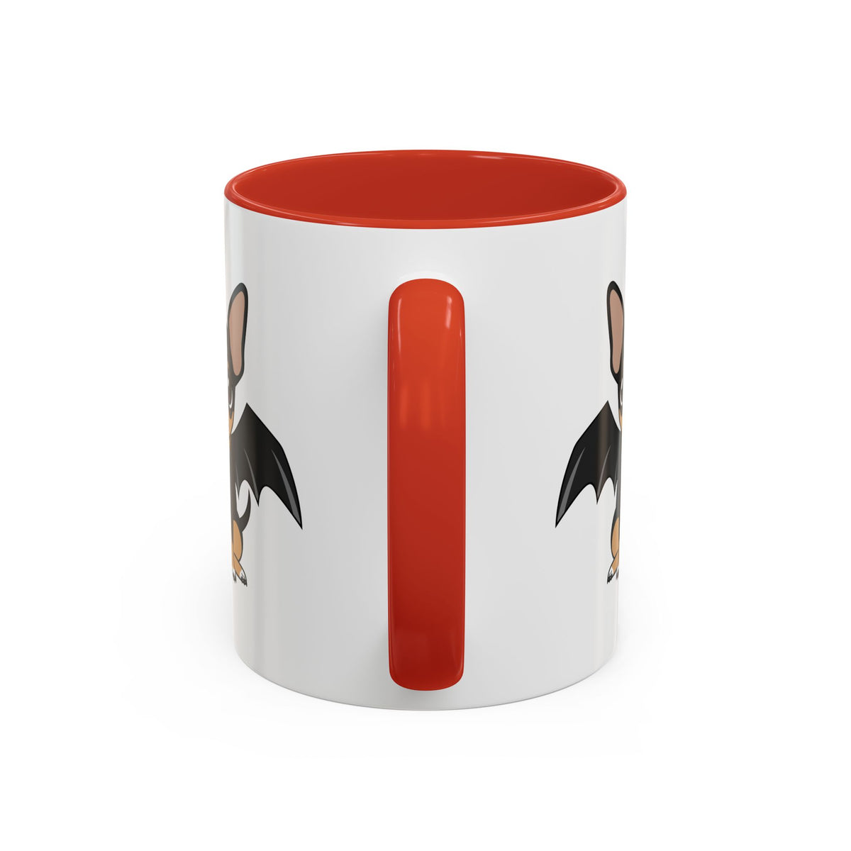 Back view of a white ceramic mug with a red handle and interior, showing partial illustrations of a small bat-winged chihuahua on both sides.