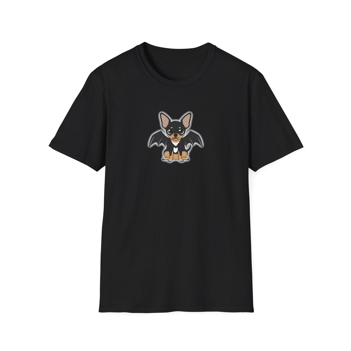 Vue de face d’un t-shirt noir unisexe avec une petite illustration de Vampire Maya en costume d’Halloween.