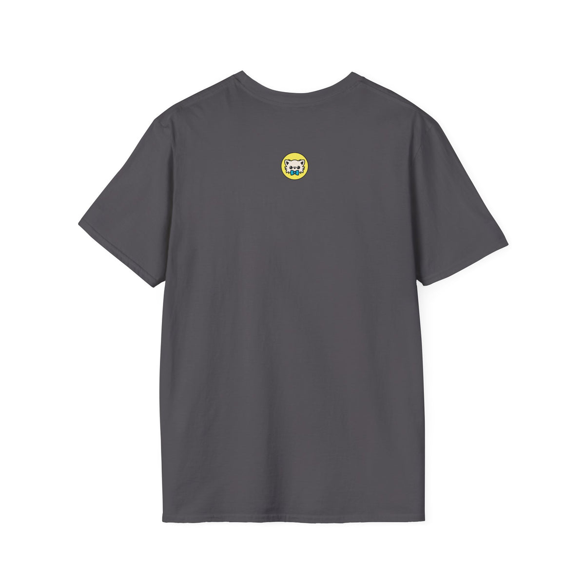 Dos d’un t-shirt gris charbon avec un petit motif Maya près de l’encolure.