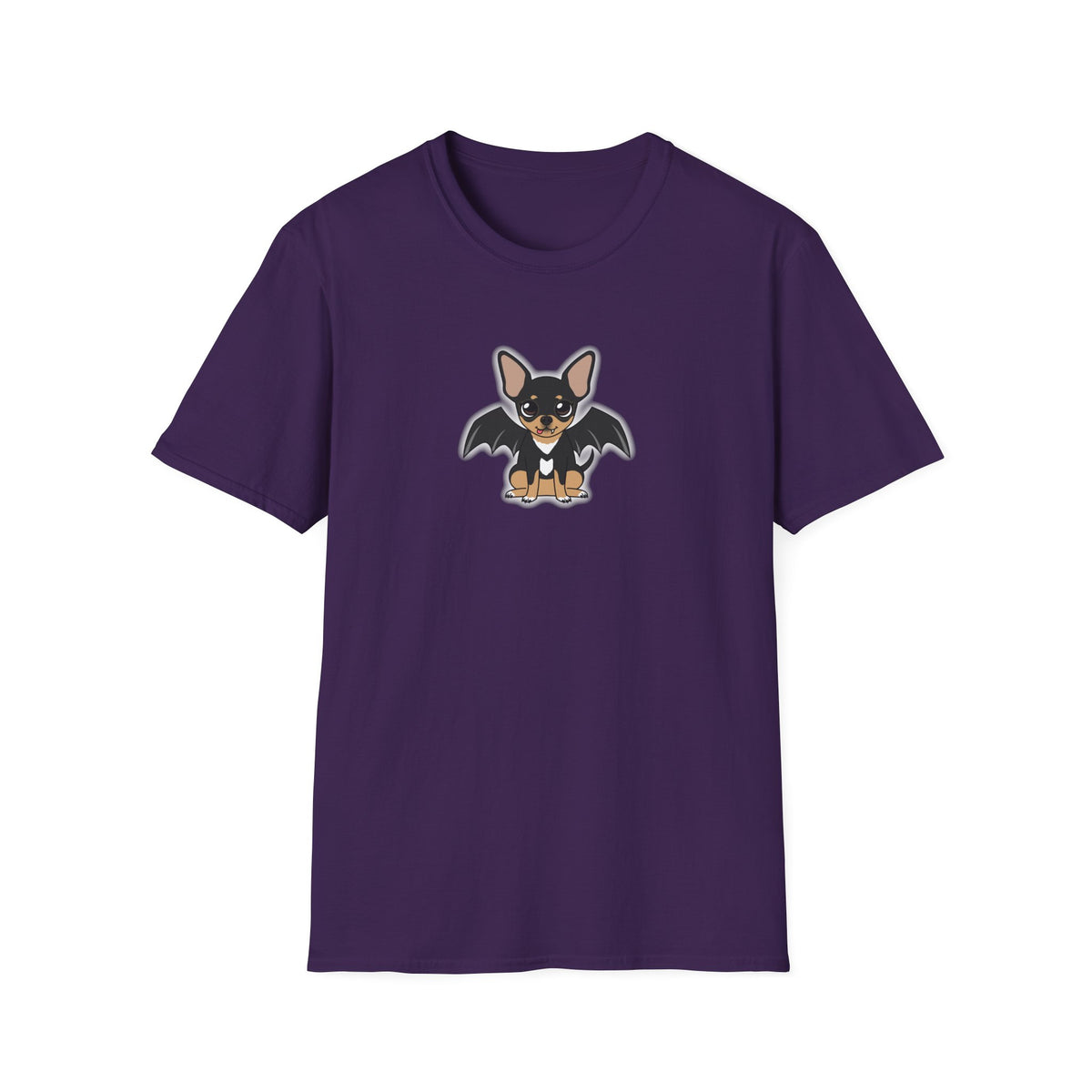 Vue de face d’un t-shirt violet unisexe avec une petite illustration de Vampire Maya en costume d’Halloween.