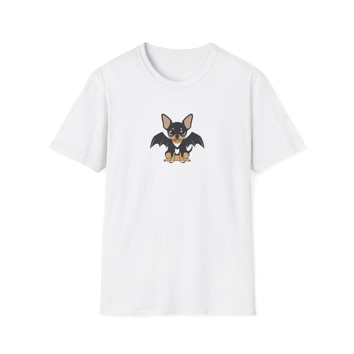 Vue de face d’un t-shirt blanc unisexe avec une petite illustration de Vampire Maya en costume d’Halloween.