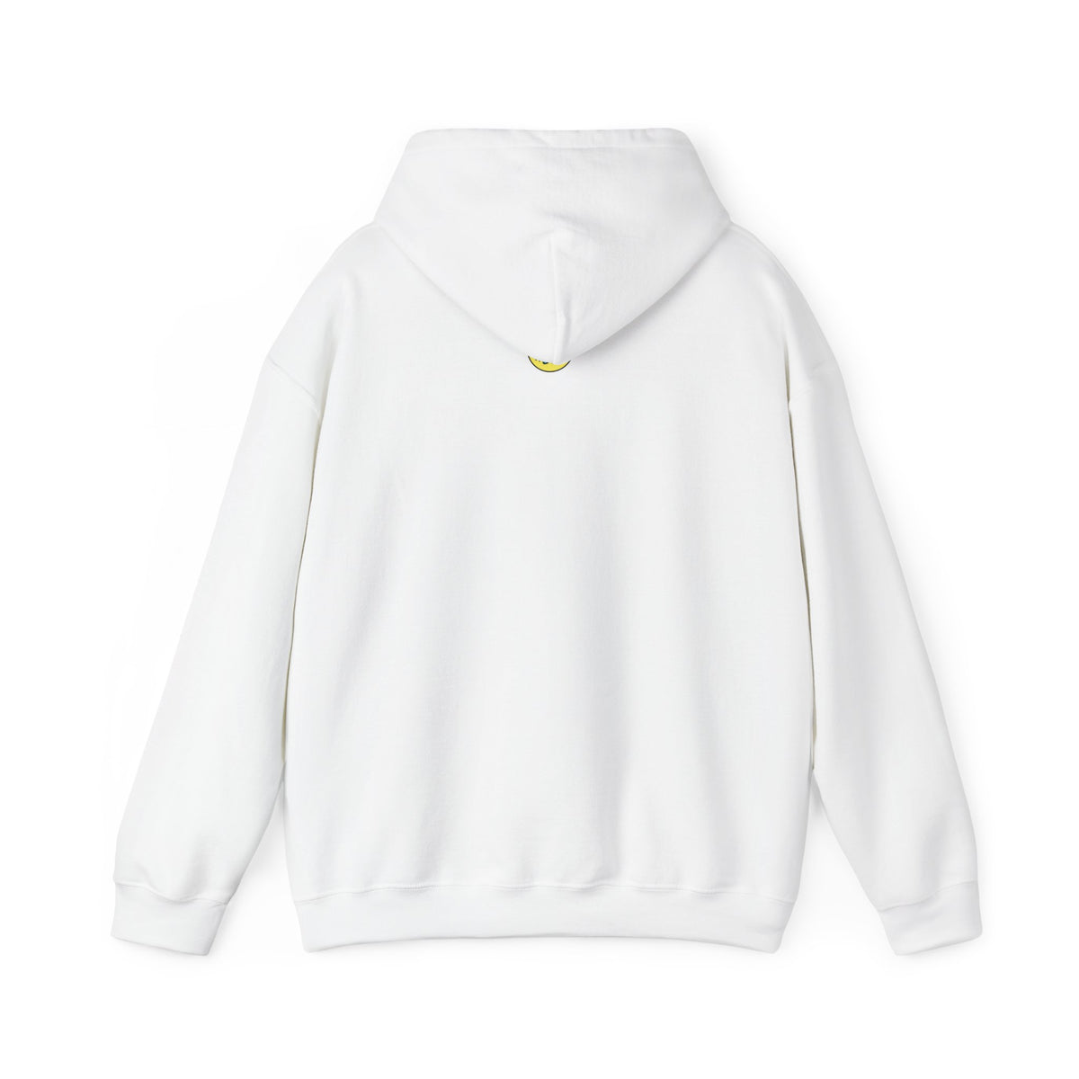 Back view of a plain white hooded sweatshirt laid flat, showing the hood and long sleeves with ribbed cuffs and hem.