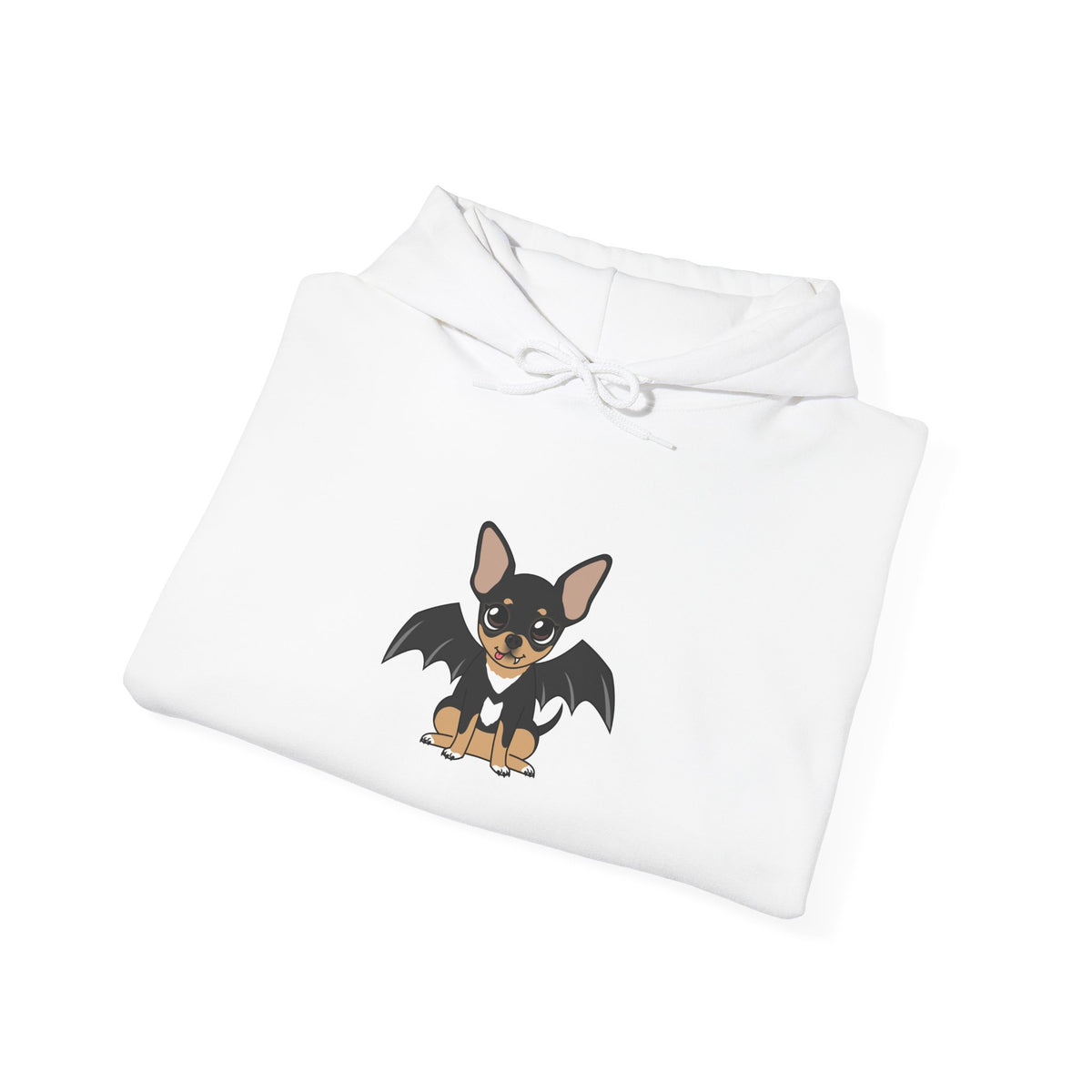 Folded white hoodie featuring a cute black-and-tan chihuahua with small bat wings and a tiny fang on the front center.